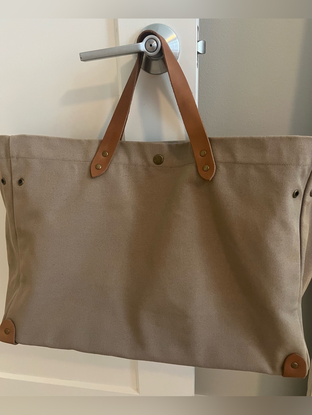 Bujibaji Large Canvas Tote Bag with Leather Handles - Neutral Light Brown